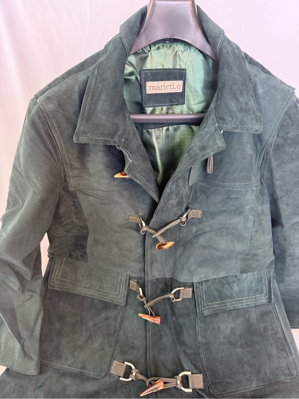 Men's Forest Green Suede Toggle Coat - Picture 14 of 15